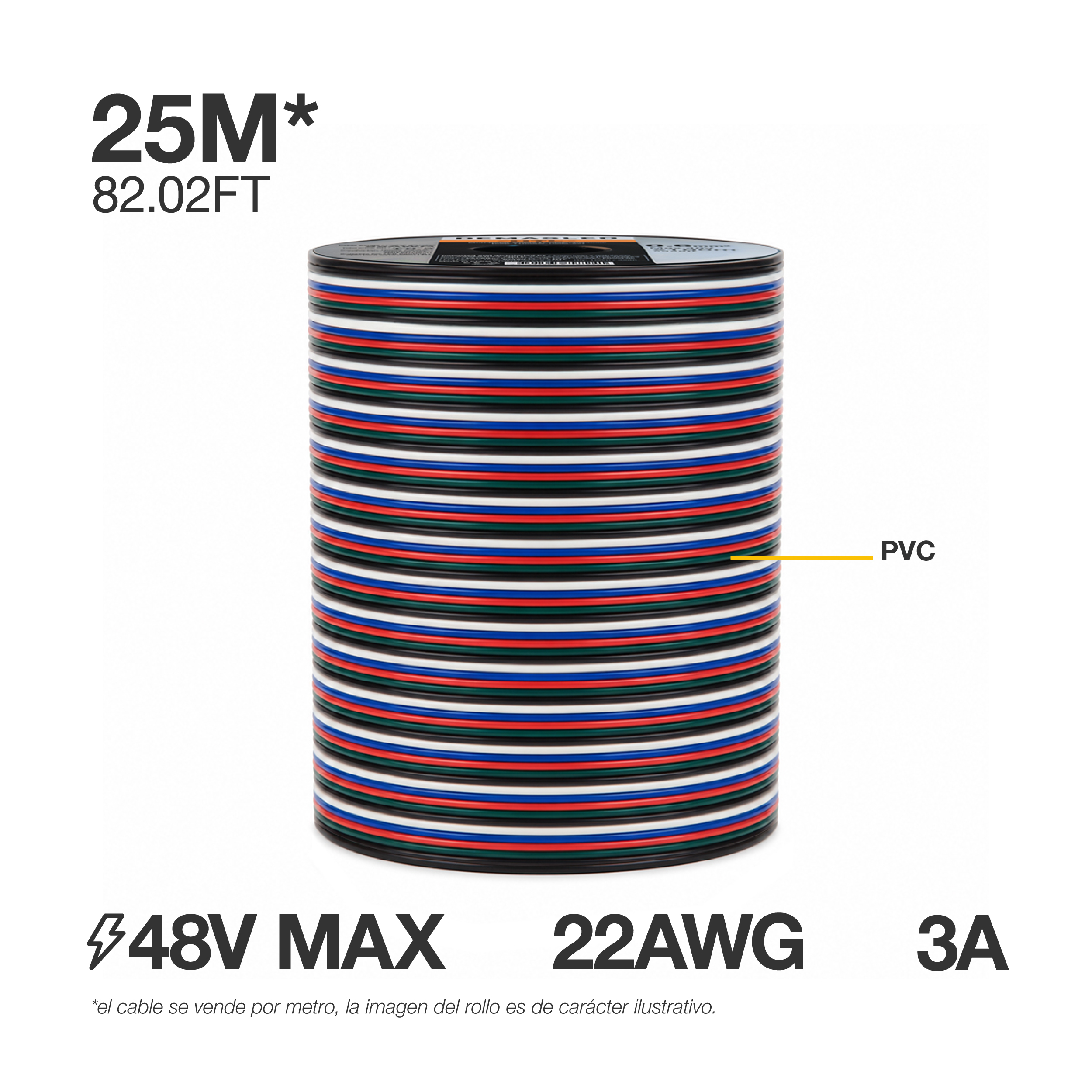 Cable 5 polos de 0.6mm RGBW - 5x0.6mm (22AWG) - 48V Máx. x25m