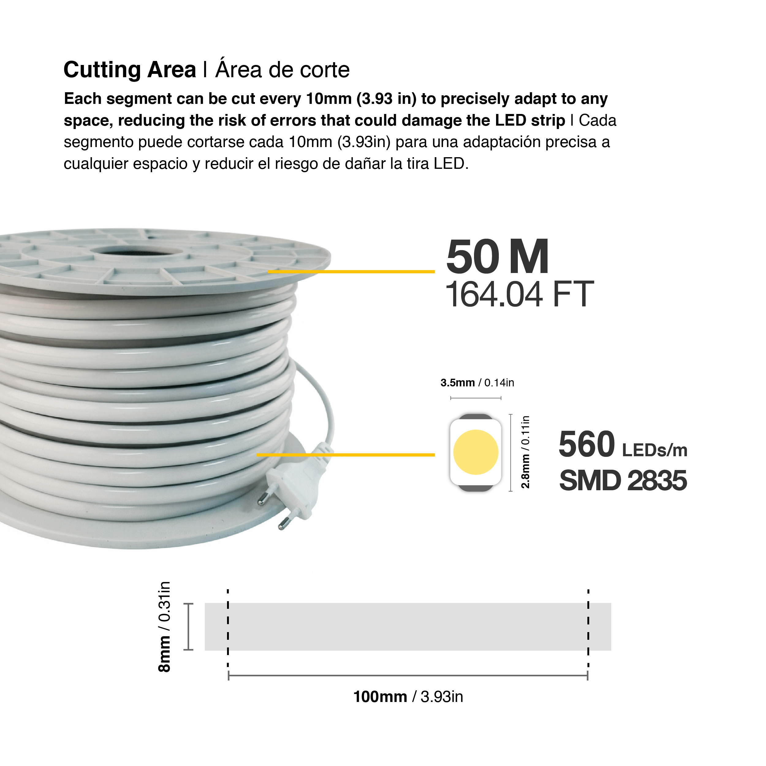 Tira LED COB IP67 220-240V, 400W Blanco Cálido 3000K 560LEDs/m, 50m