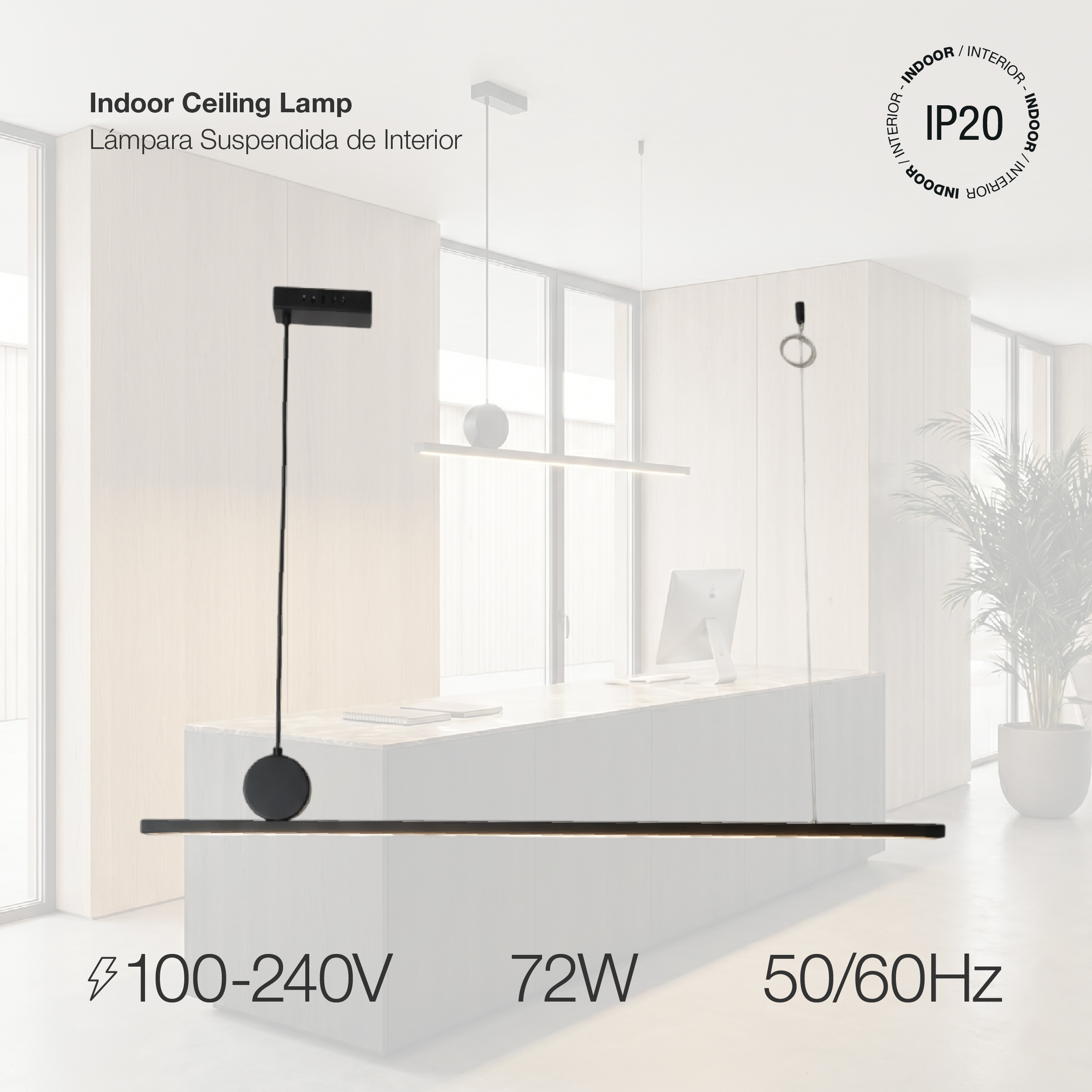 Lámpara LED Suspendida Negro Ø1,18cm, 72W Blanco Cálido 3000K, 2448lm