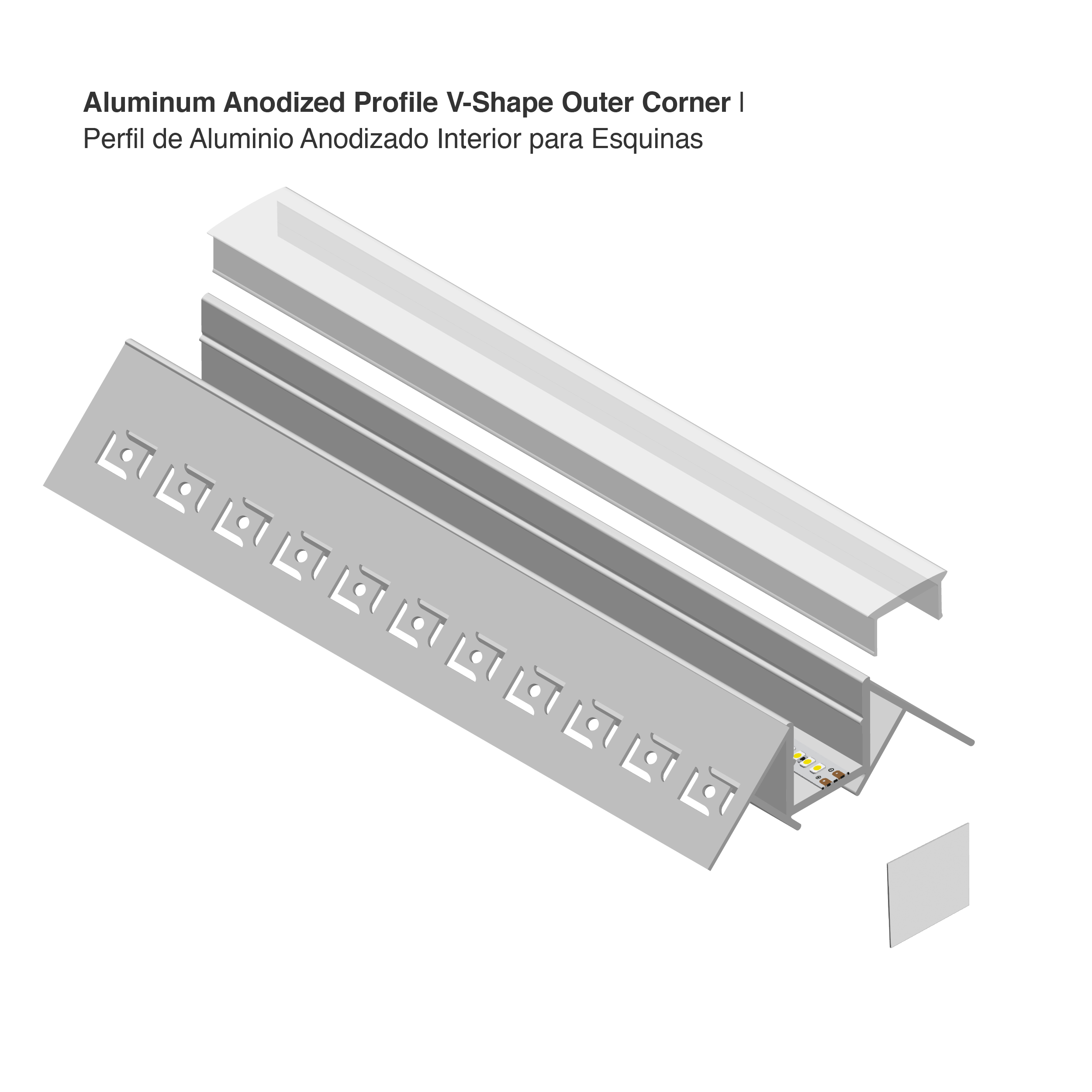 Perfil de Aluminio Esquina Exterior de Embutir 50x22mm Anodizado, Cover Opal Blanco x1m