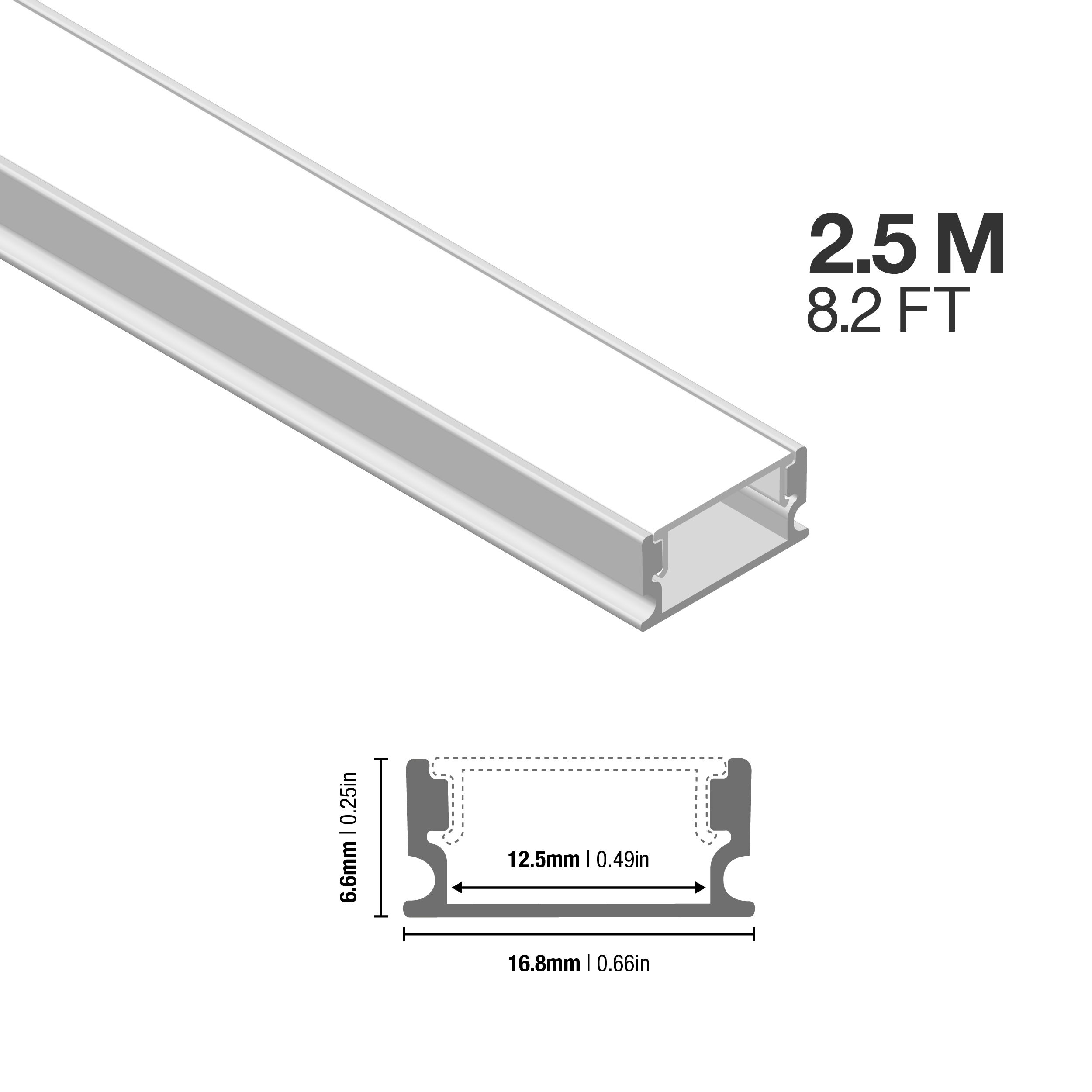Perfil de Aluminio Flat 16.8x6,6mm Anodizado, Cover Opal Blanco x2,5m