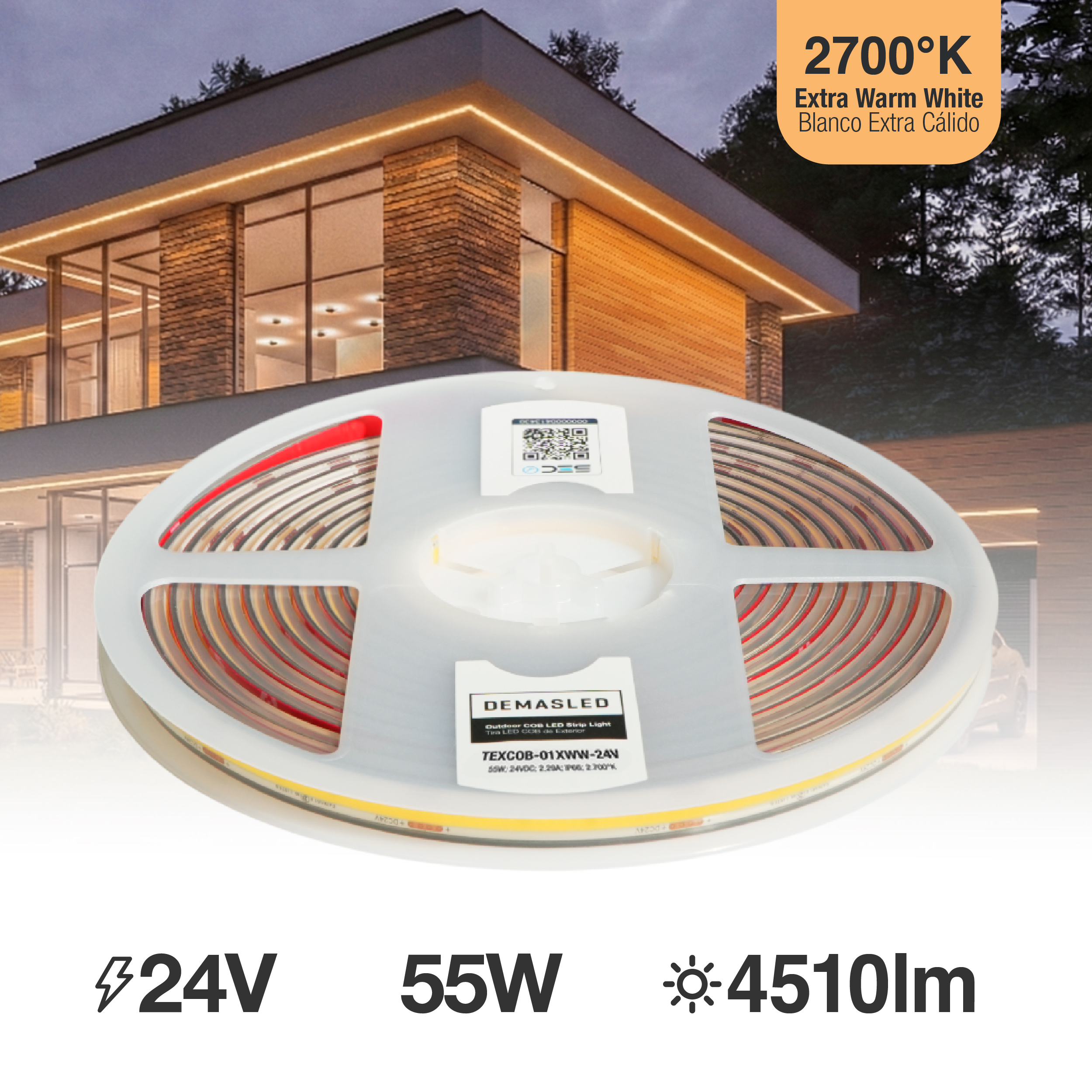 Tira LED COB 24V 11W/m Blanco Extra Blanco Cálido 2700°K 902lm/m, 8mm PCB IP65 x5m