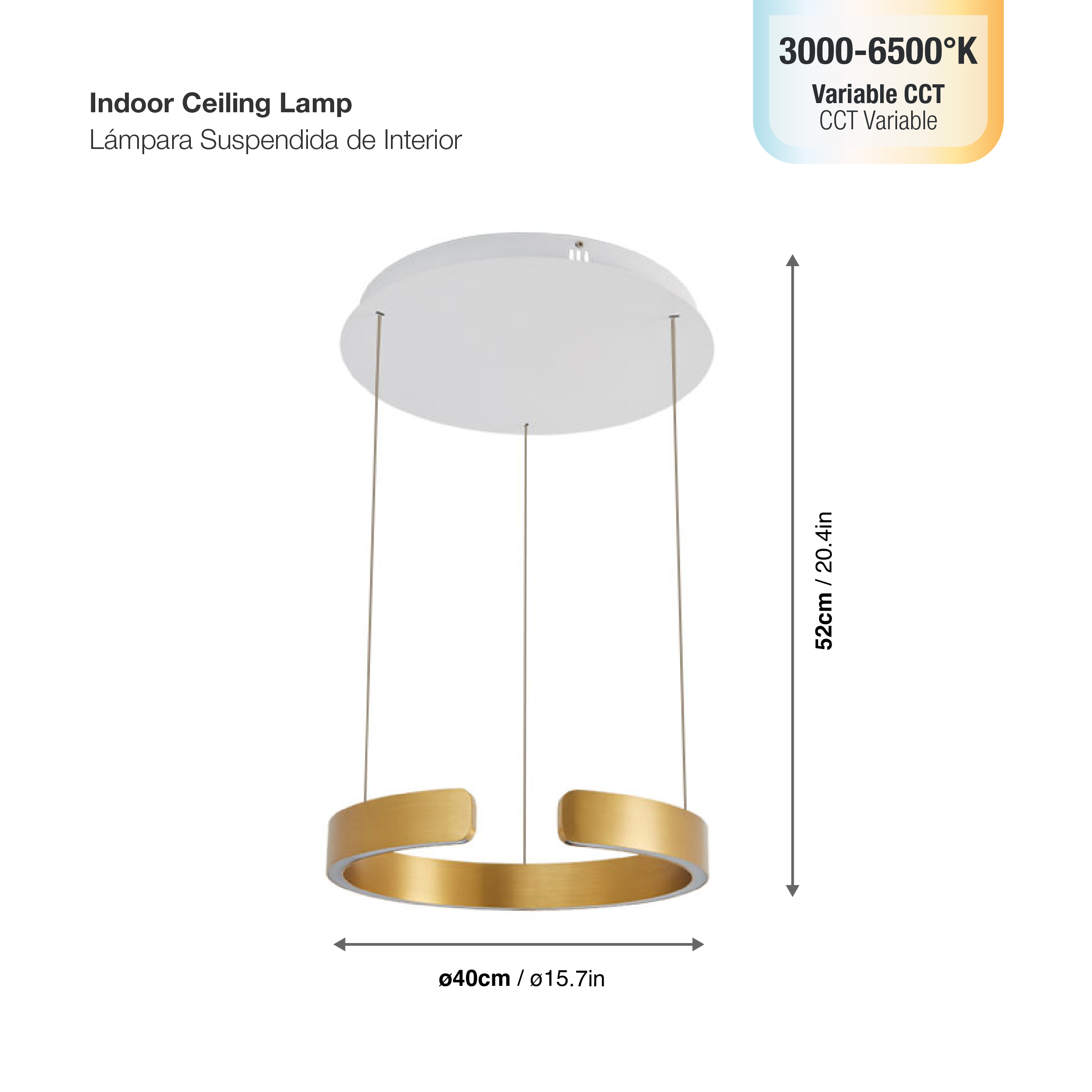 Lámpara LED Suspendida Oro Rosa, Ø40x52cm, 28W CCT Variable 3000-6500K