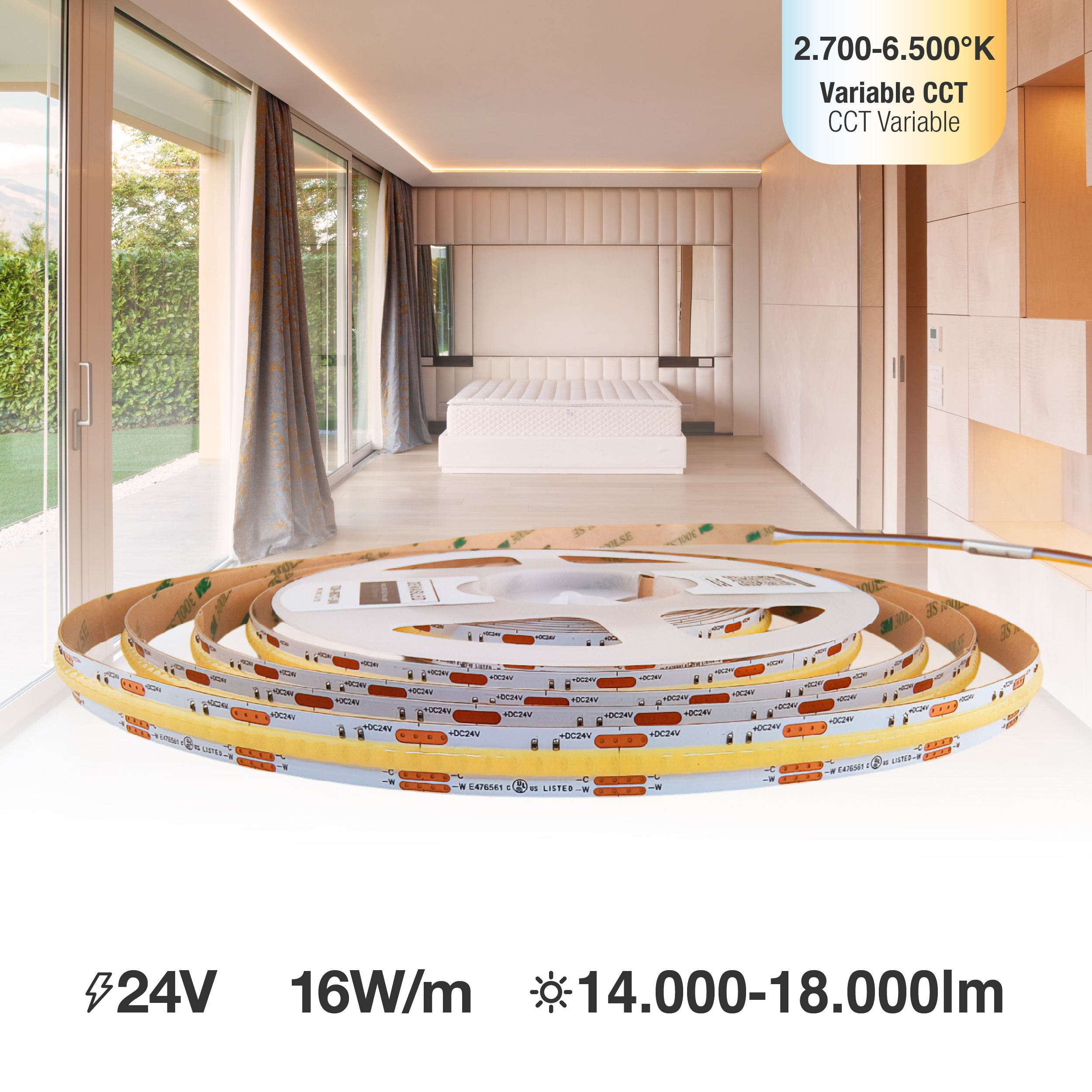 Tira LED COB 24V 16W/m CW-WW-CCT 720lm/m 608 LEDs/m, 10mm PCB x5m