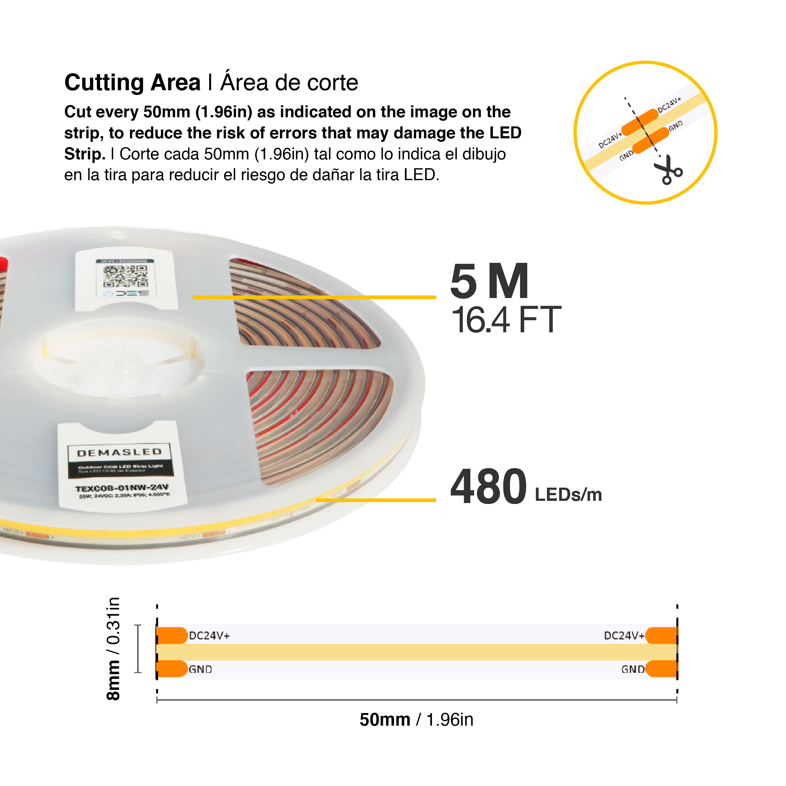 Tira LED COB 24V 11W/m Blanco Neutro 1012lm/m 480 LEDs/m 8mm IP65, 5m