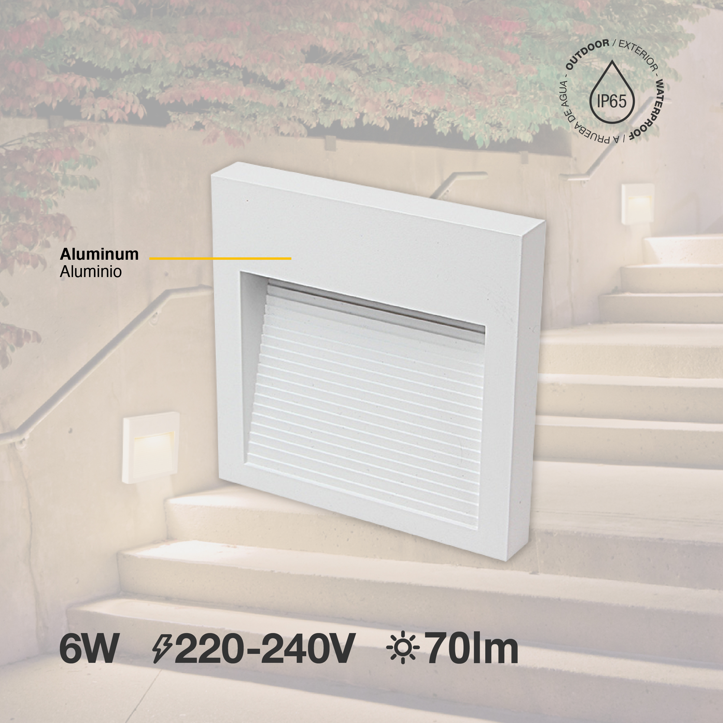 Aplique LED Exterior de Pared Cuadrado 6W IP65 Blanco 12x12cm 220V Blanco Cálido