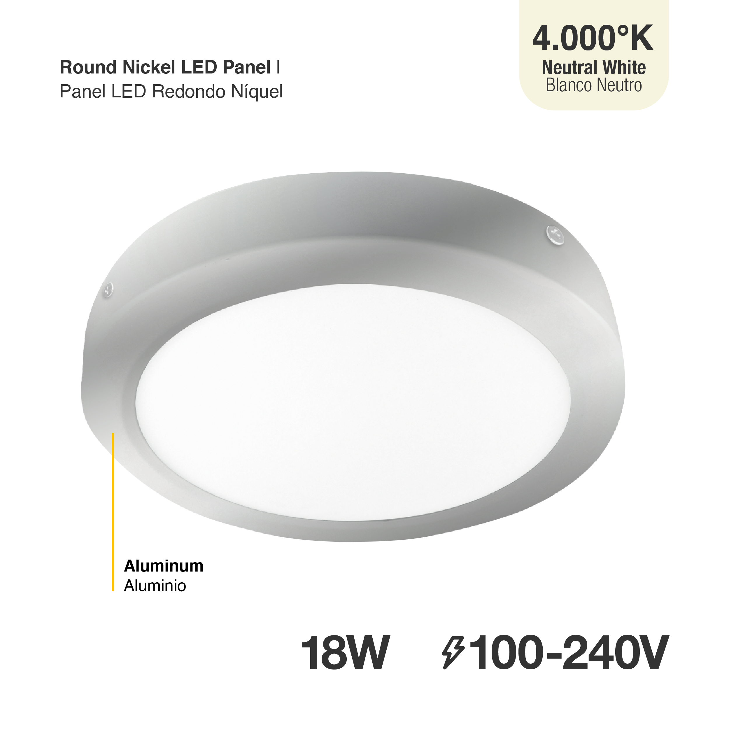 Plafón LED redondo níquel de 22cm, 18W 1230lm Neutro, de aplicar