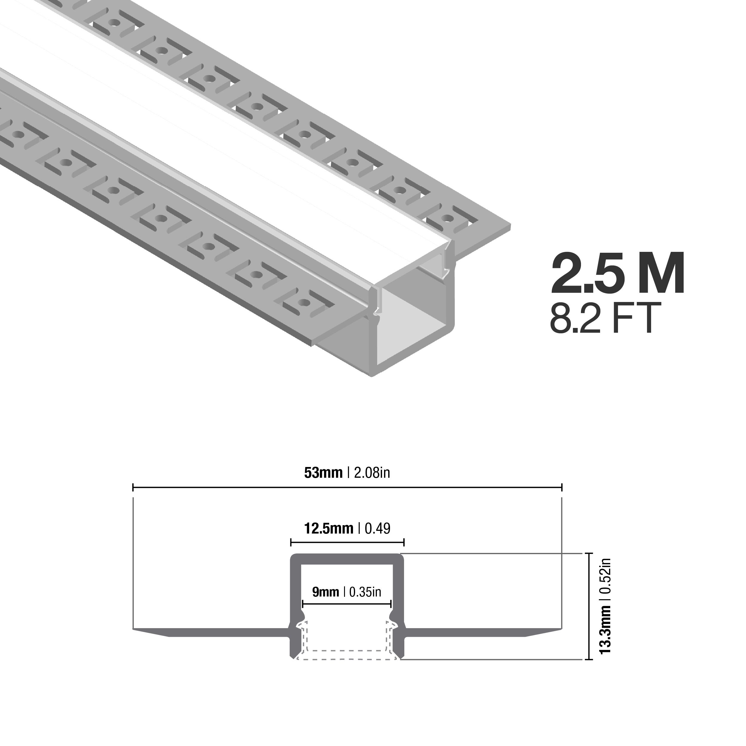 Perfil de Aluminio con Alas de Embutir 53x13,3mm Anodizado, Cover Opal Blanco x2,5m