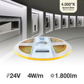 Tira LED COB 24V 4W/m Blanco Neutro 360lm/m 504LEDs/m, 3mm PCB IP33 x 5m