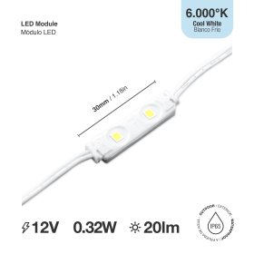 Módulo LED SMD2835, Frío 20lm 6500K 2 LEDs 12V 0.32W, IP65