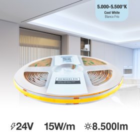 Tira LED COB 24V 15W/m Blanco Frío 1700lm/m 528 LEDs/m, 10mm PCB IP33 x 5m