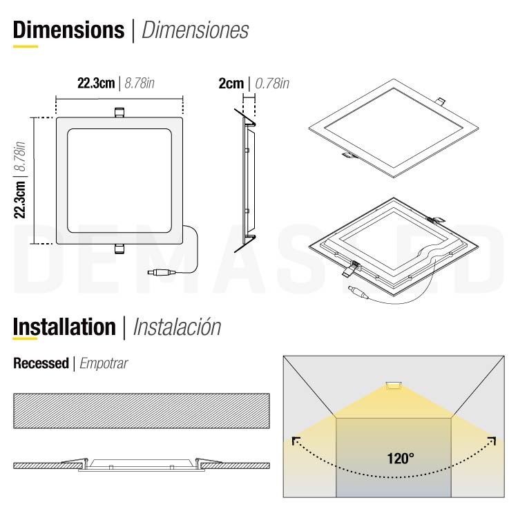 Panel LED cuadrado blanco 22.3x22.3cm 18W 1440lm Cálido De Embutir