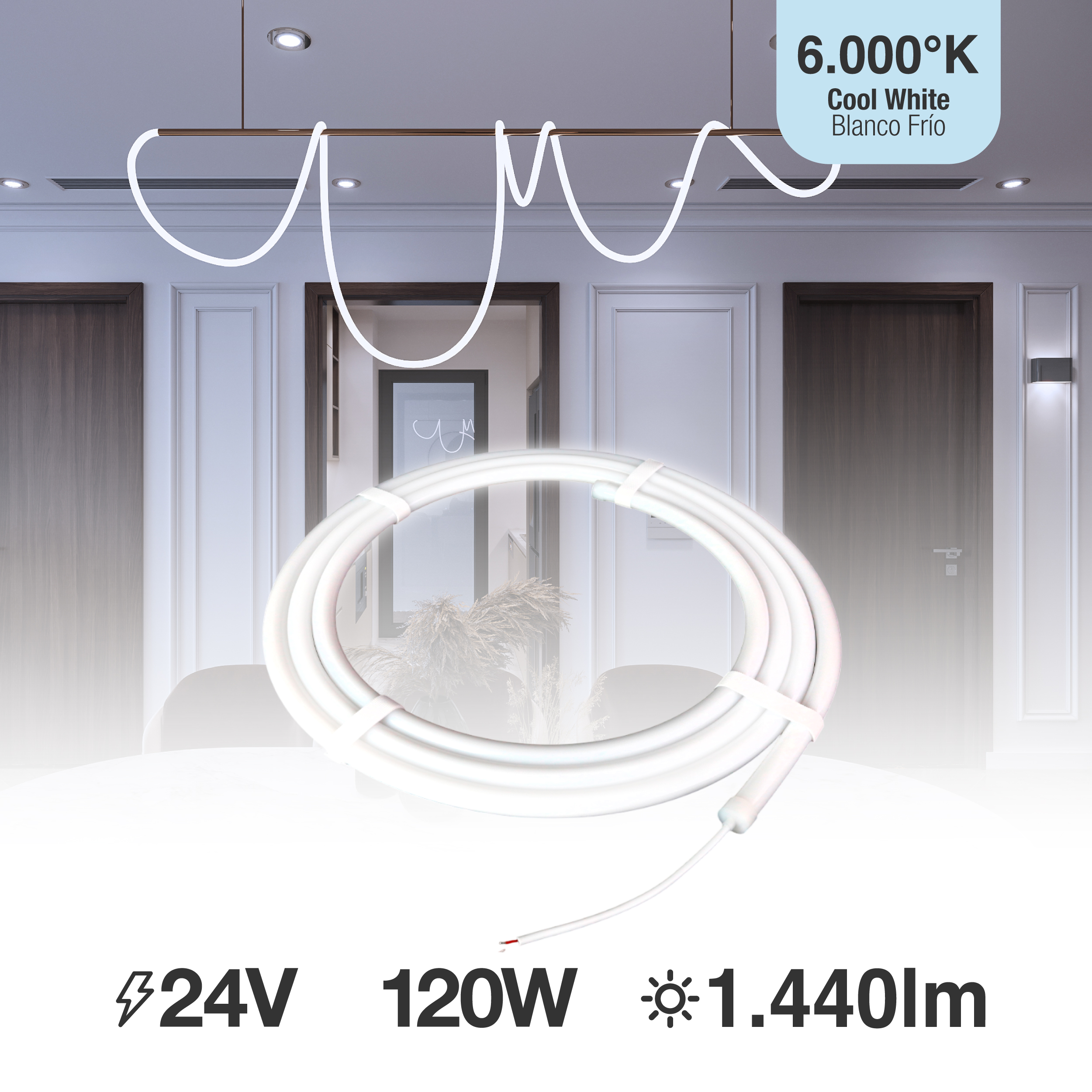 Tira LED SMD2835 con recubierta de Silicona, 24V 24W/m, Blanco Frío 6000K 240LEDs/m, 5m