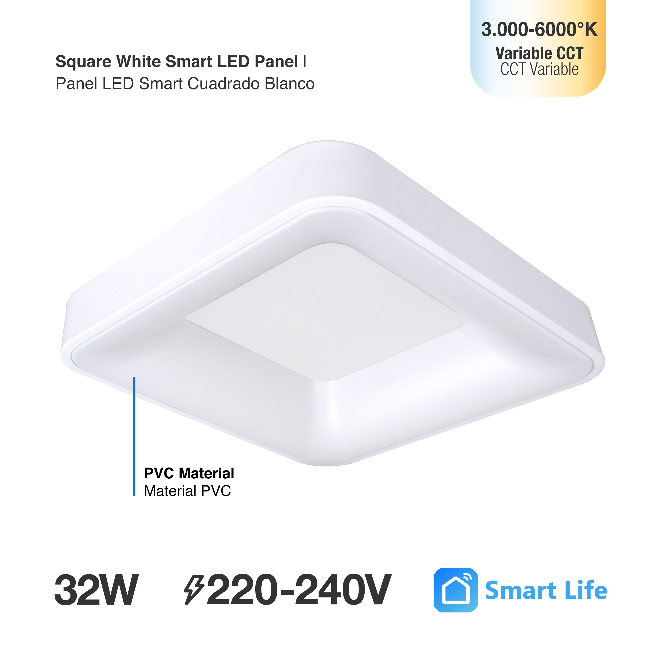 Panel LED Smart Cuadrado Blanco 40x40x9cm 32W 140mA CCT, de Aplicar