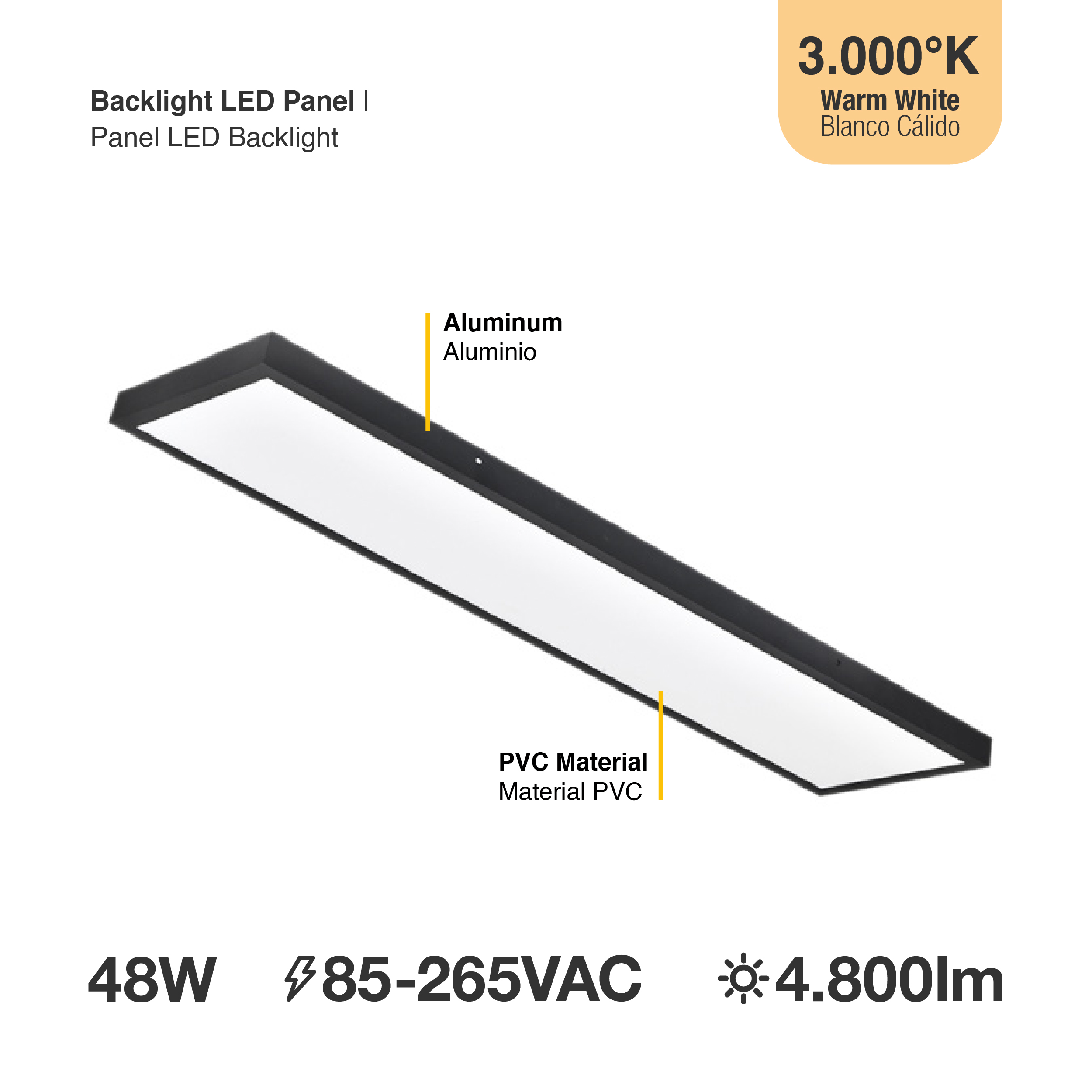 Panel BACKLIGHT LED Negro 48W, 30 x 120cm, blanco Cálido, Aplicar