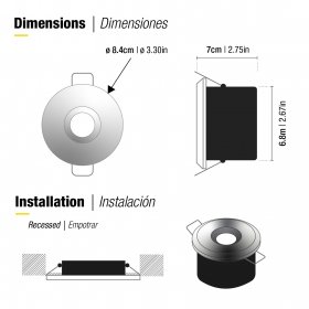 Spot Fijo Negro, 8.4cm Corte 6.8cm para Lámparas GU10 y MR16