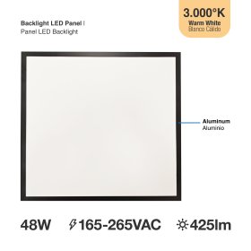 Panel LED BACKLIGHT de 60x60x3.8cm Negro 48W 4800lm Blanco Cálido 3.000K, Aplicar