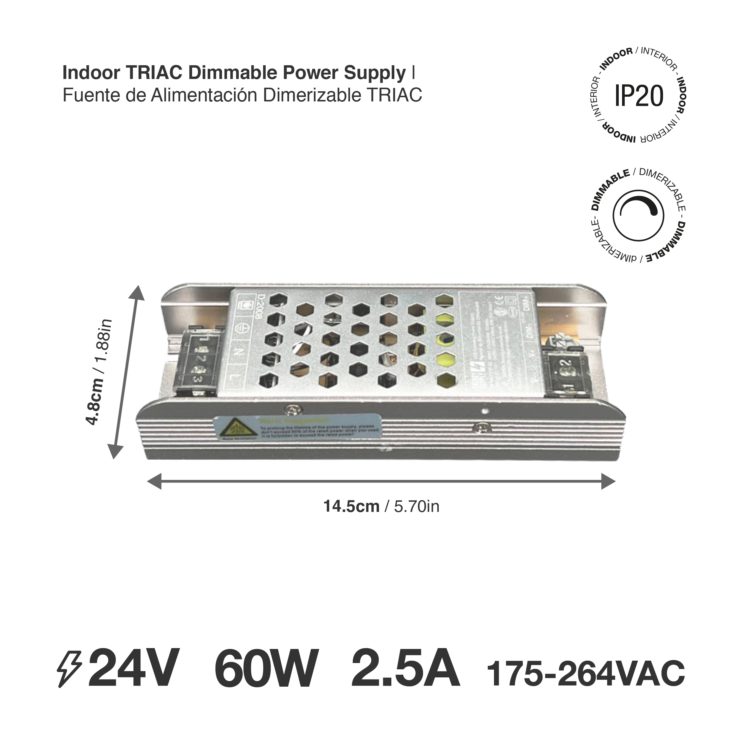 Fuente de Alimentación Dimerizable TRIAC & 0-10v, 24V 2.5A 60W, Interior