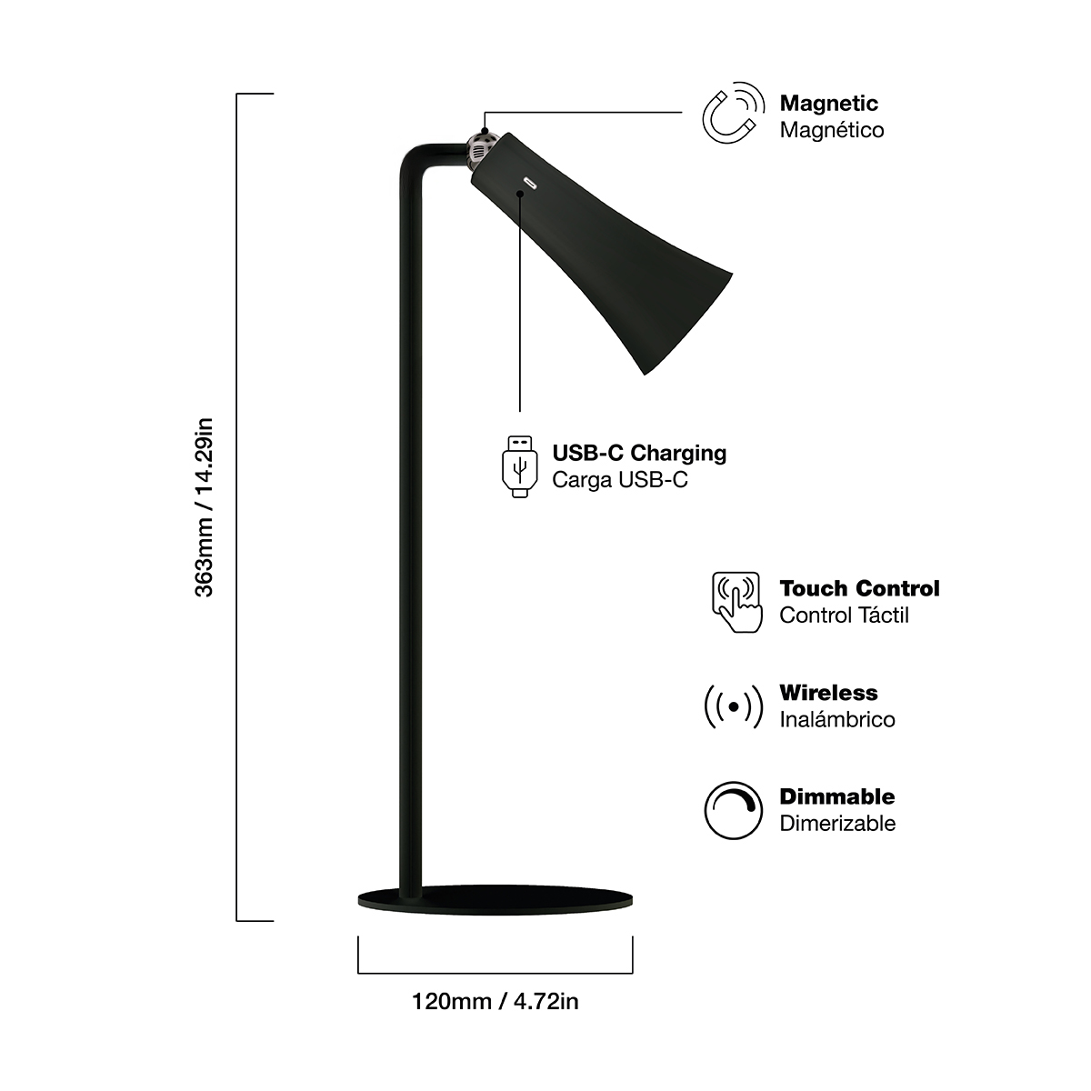 Lámpara de Mesa LED Magnética Negra 3W Blanco Cálido 3000K Recargable 1800mAh