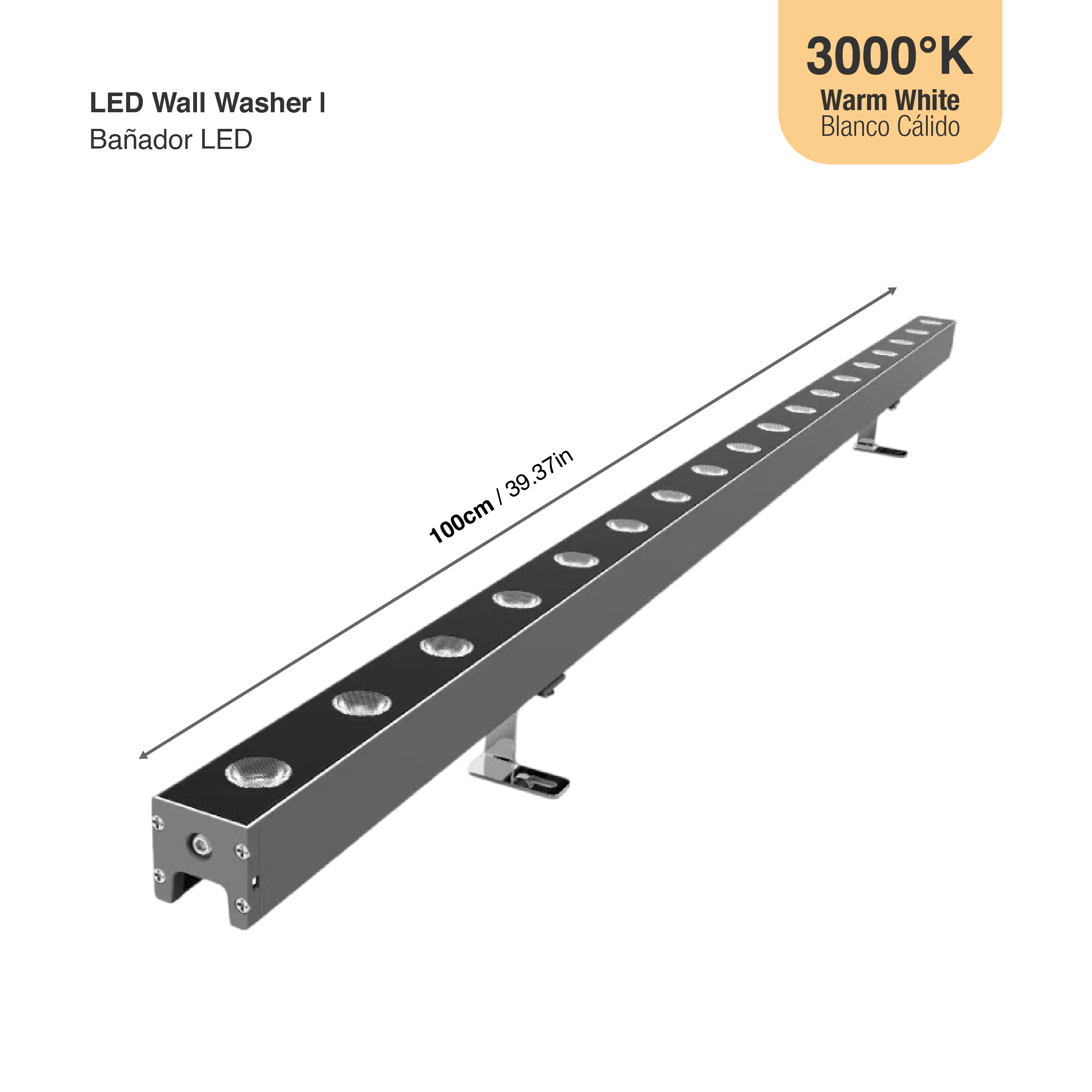 Bañador LED 36W 24VDC Blanco Cálido 3.000K IP65, 1m