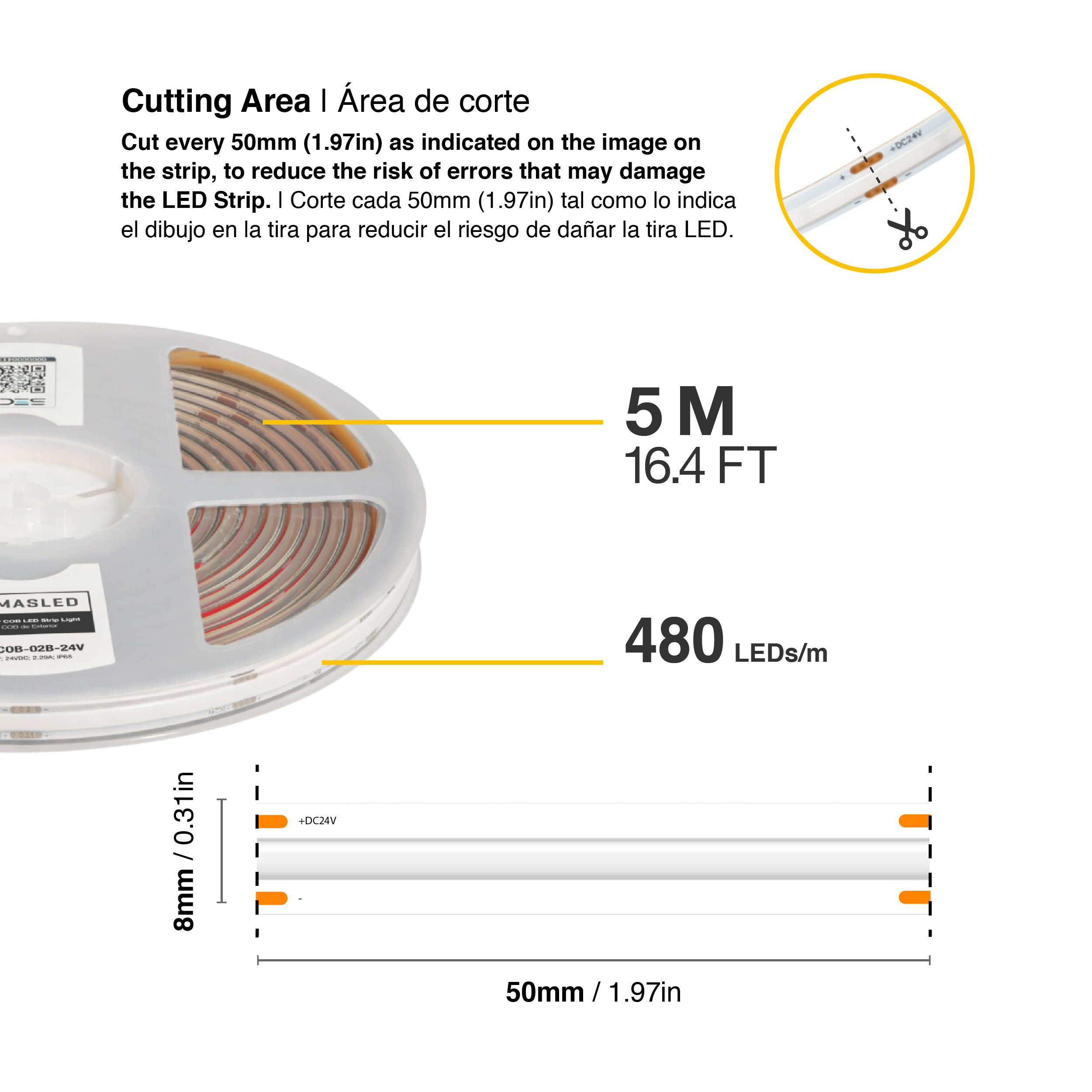 Tira LED COB 24V 11W/m Azul 176lm/m, 8mm, IP68, 5m