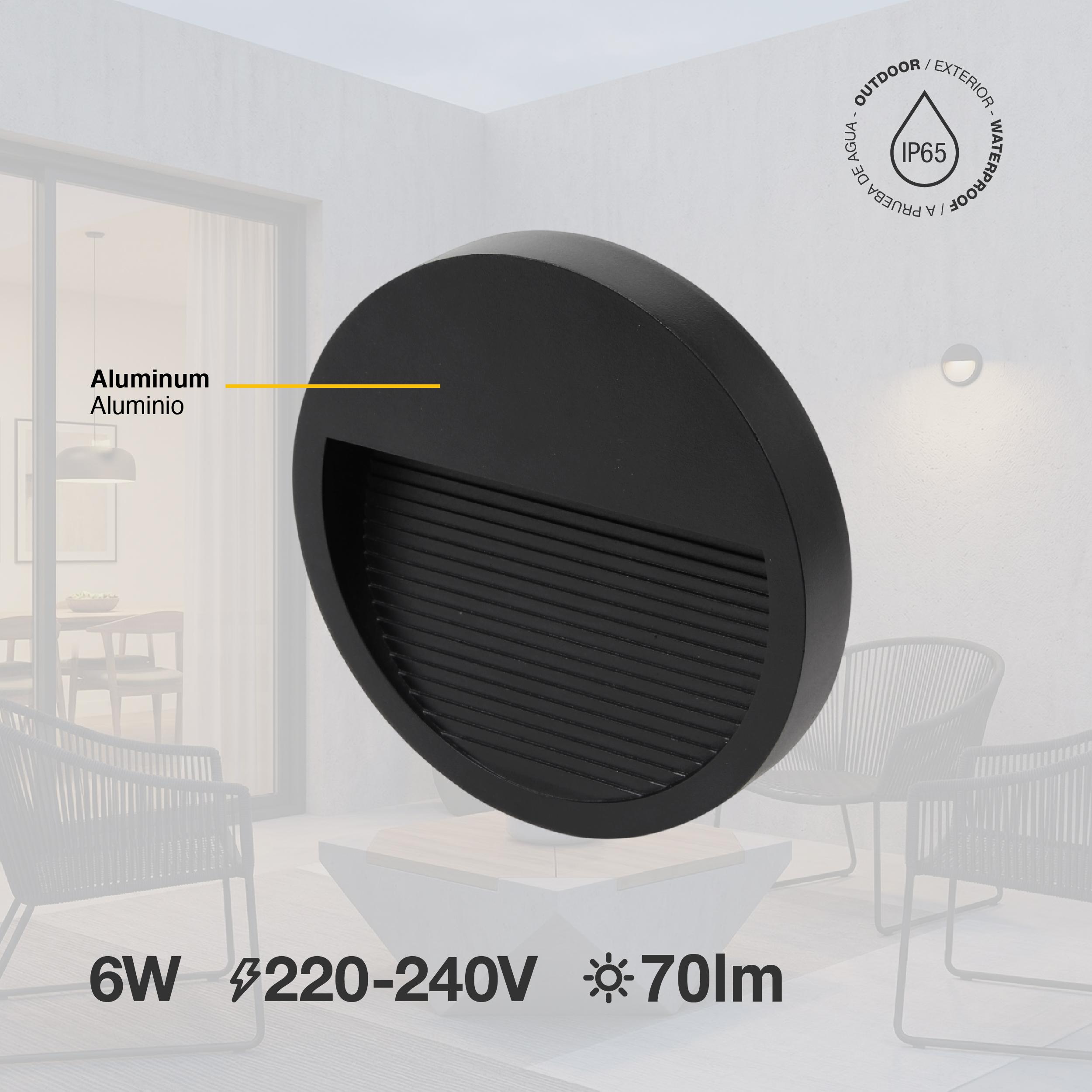 Aplique LED Exterior de Pared Redondo 12cm 6W IP65 Blanco Cálido 220V Negro