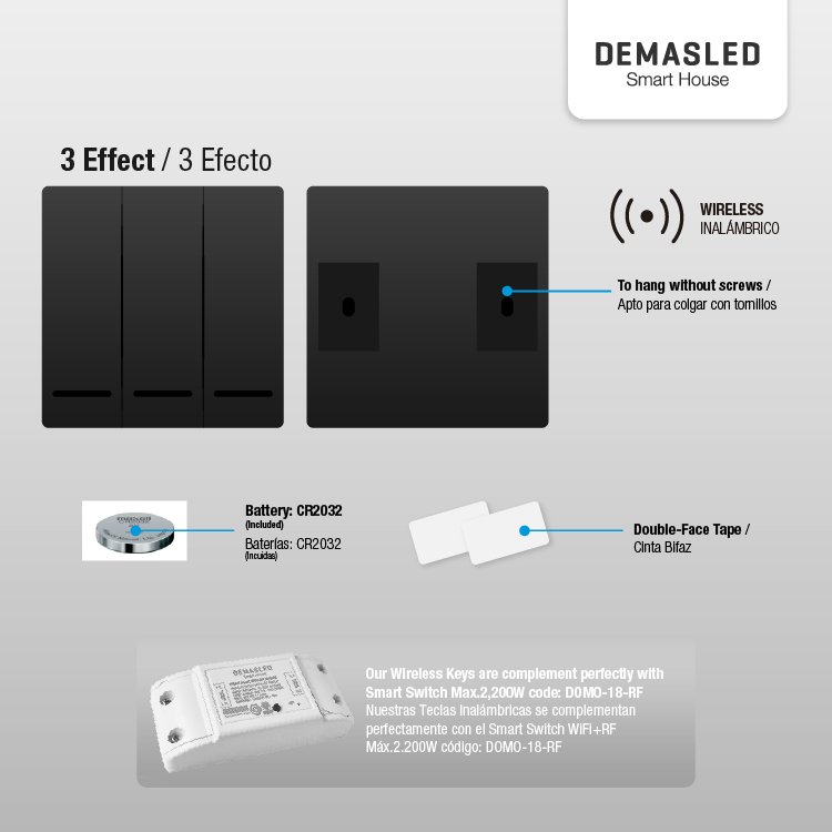 Tecla inalámbrica  RF, 3 Efectos Smart House, Negro