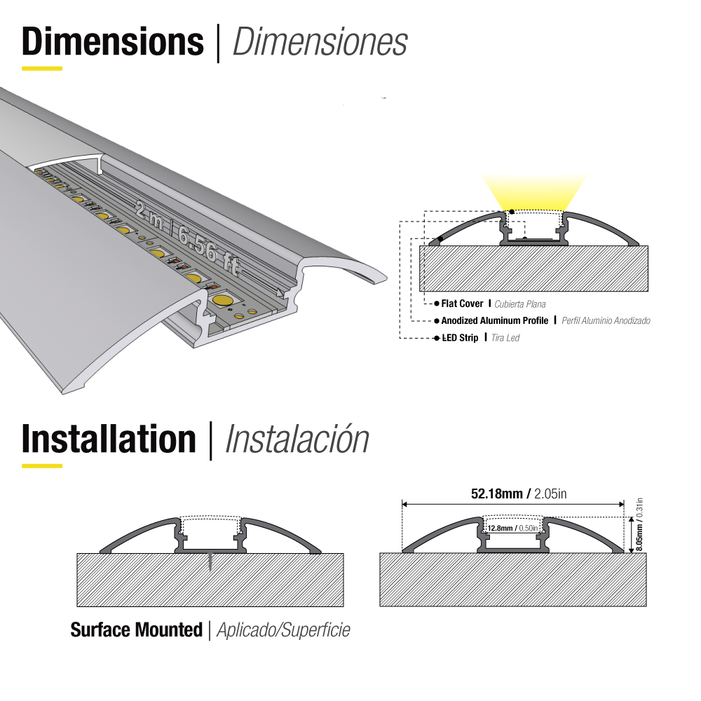 Perfil de Aluminio Curve 52x8mm Anodizado, Cover Opal Blanco x1m