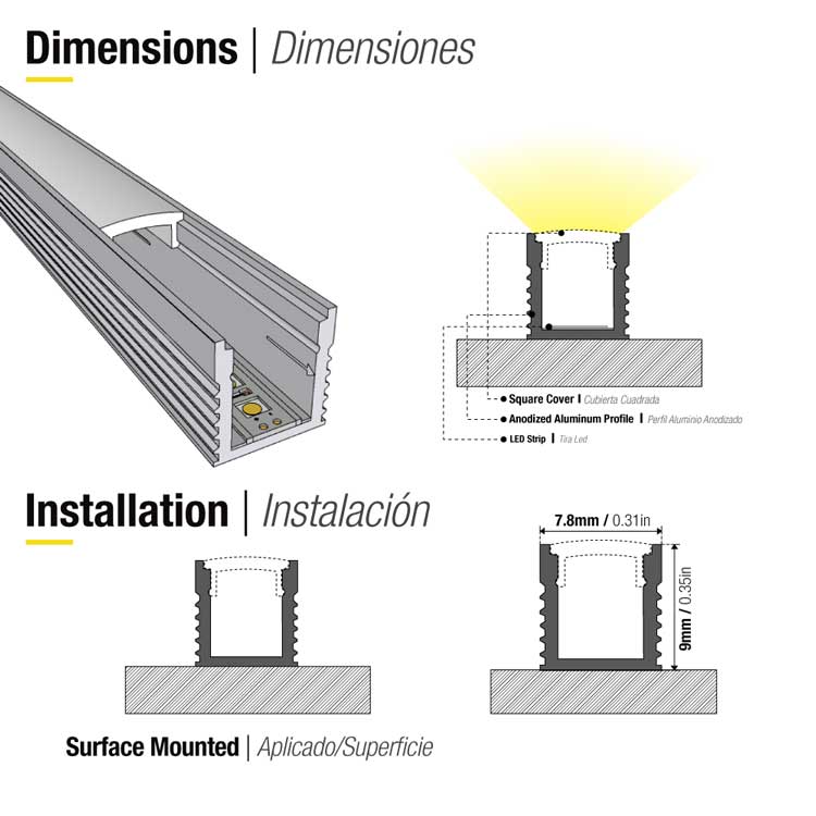 Perfil de Aluminio Mini Linear 9x8mm Anodizado, Cover Opal Blanco x 1m
