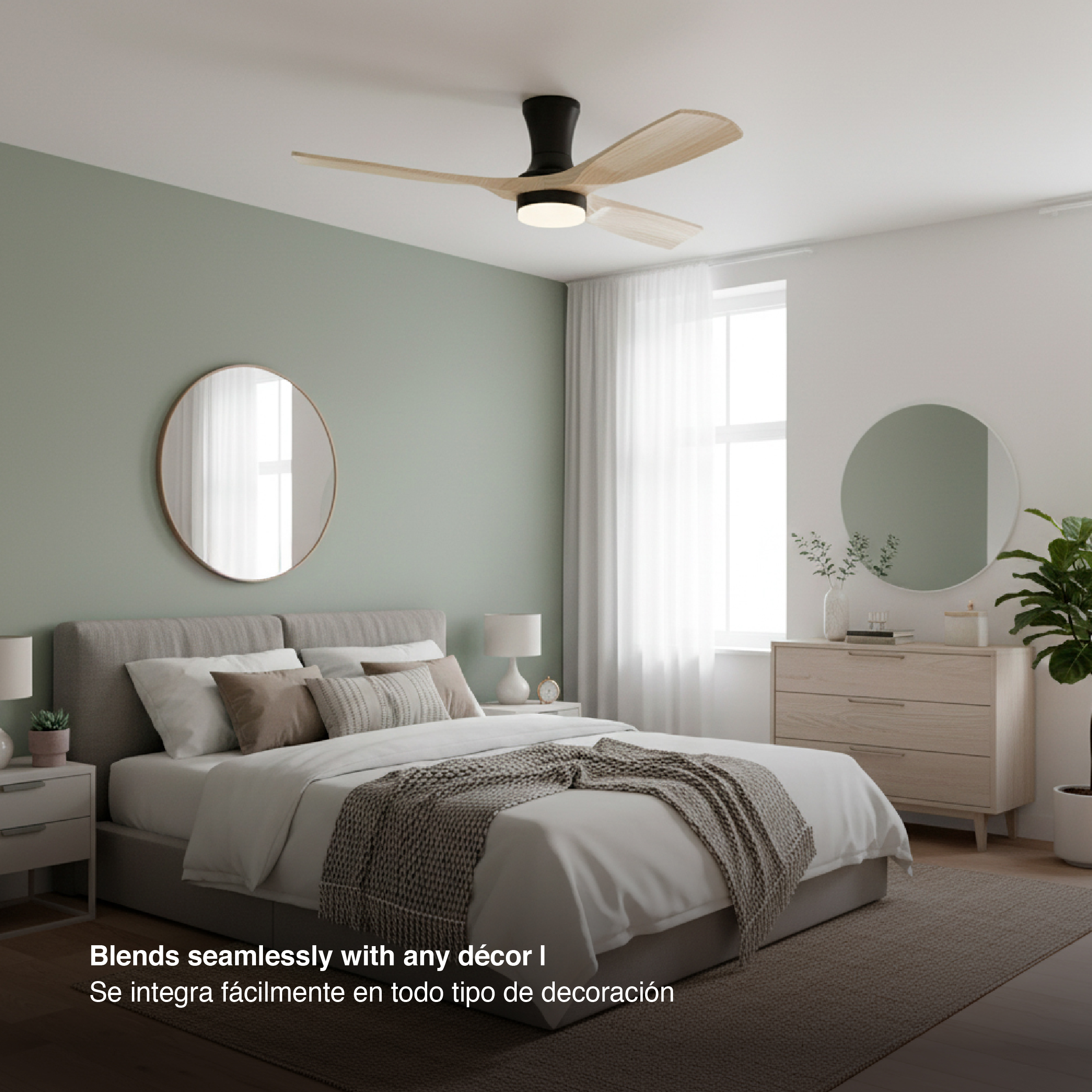 Ventilador de Techo Smart LED CCT 3000K-6000K Ø130cm Madera Clara 22W IP65 con Control Remoto