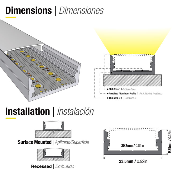 Perfil de Aluminio Flat 23x10mm Anodizado, Cover Opal Blanco x1m