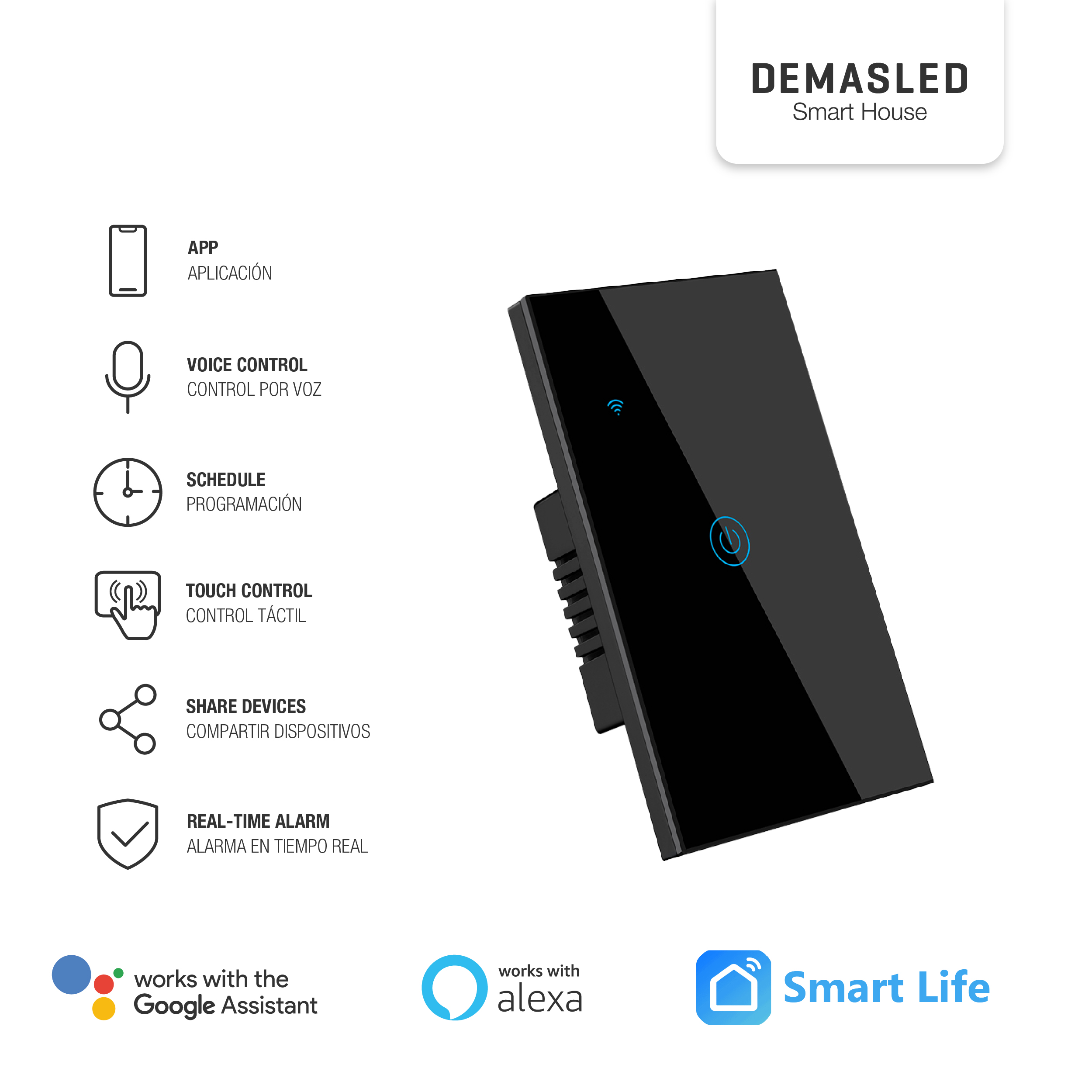 Tecla Smart de Pared Táctil 1 Canal 600W Negro