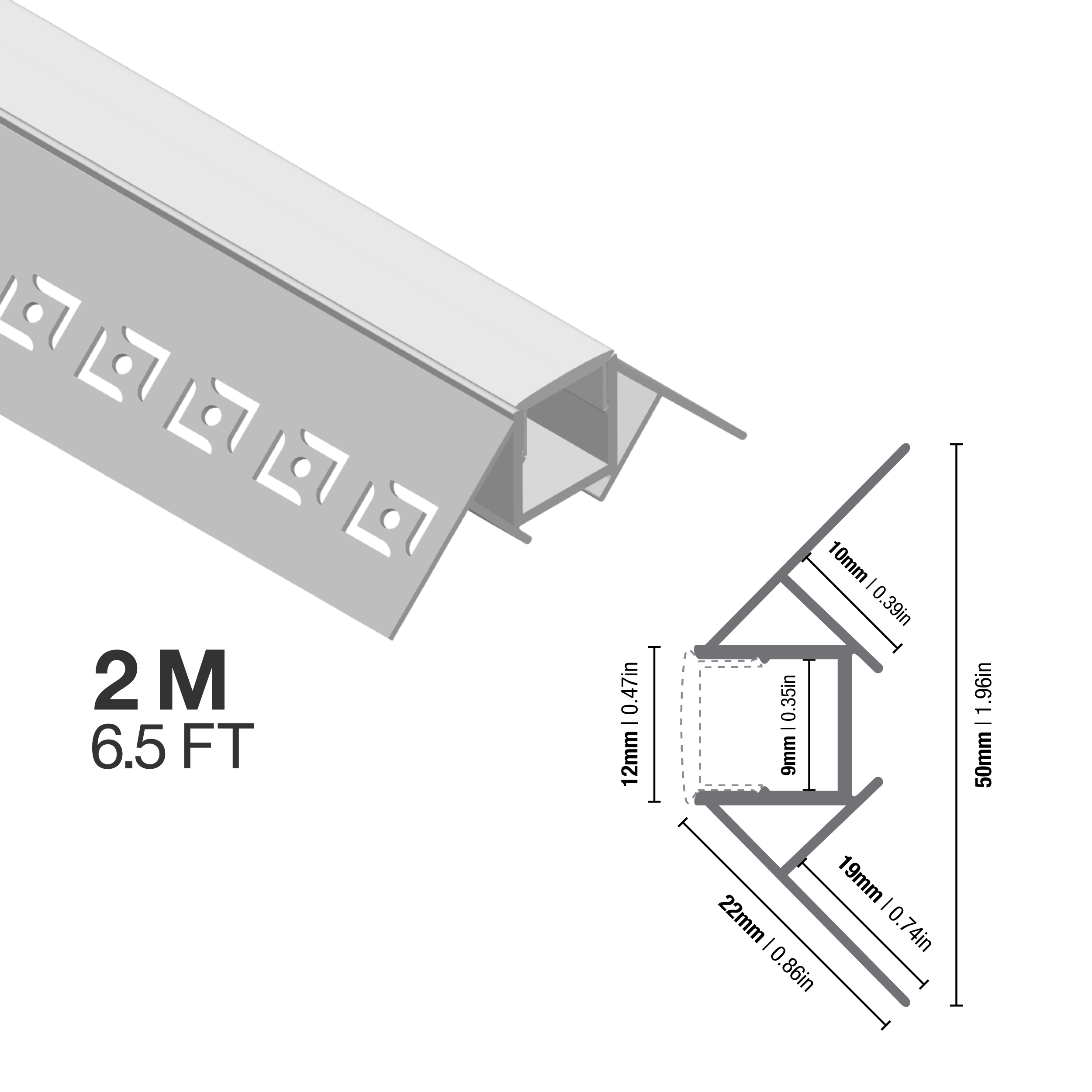 Perfil de Aluminio Esquina Exterior de Embutir 50x22mm Anodizado, Cover Opal Blanco x1m