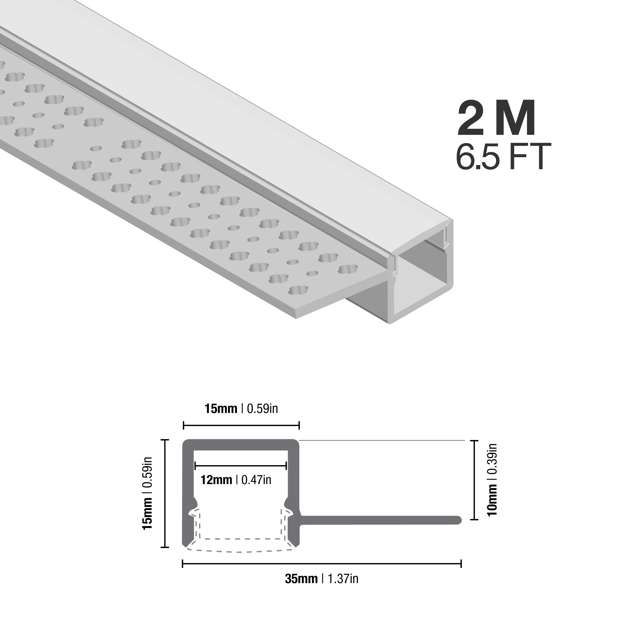 Perfil de Aluminio con Ala de Embutir 35x15mm Anodizado, Cover Opal Blanco x1m