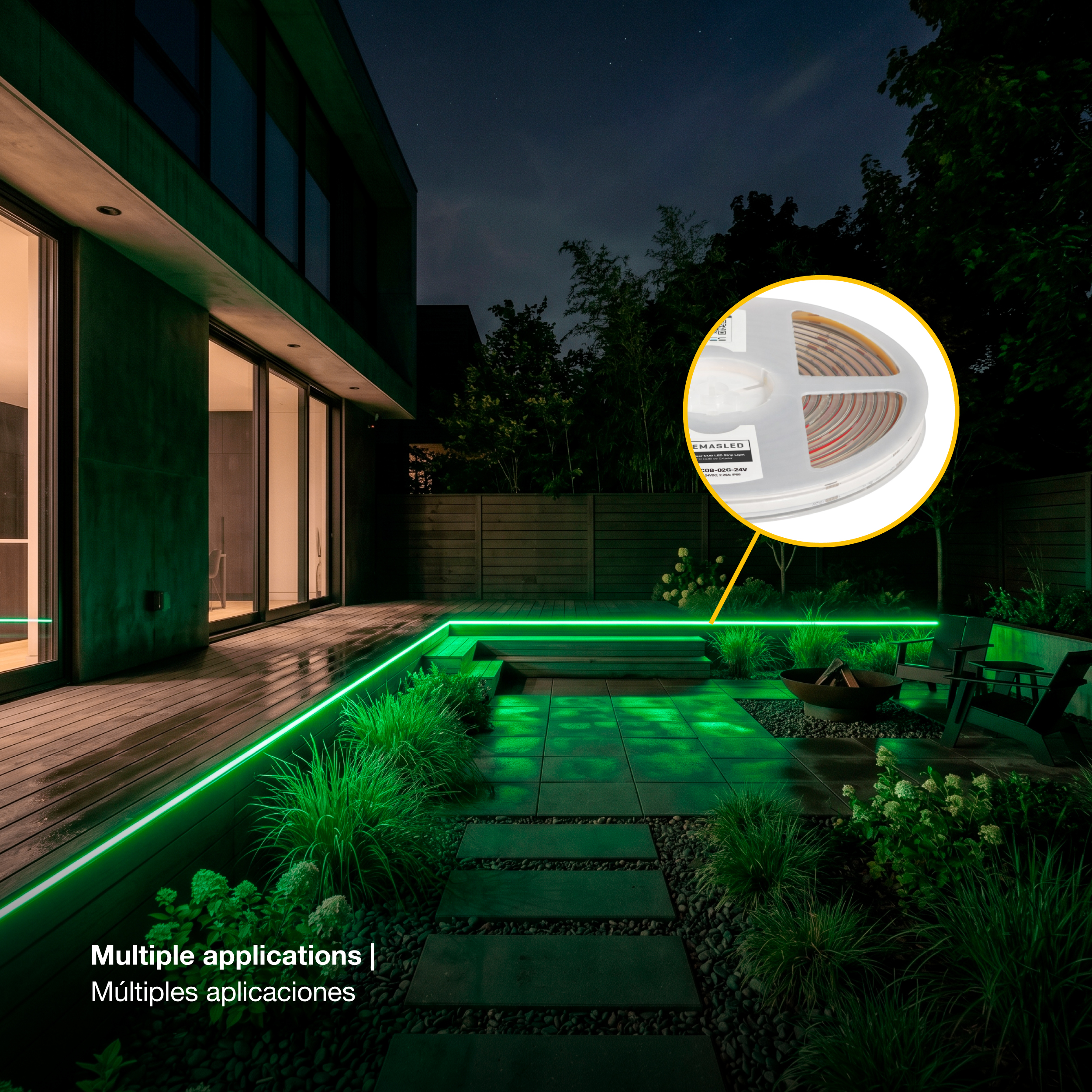 Tira LED COB 24V 11W/m Verde 1210lm/m, 8mm, IP68, 5m
