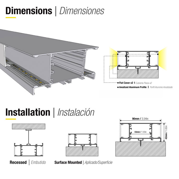 Perfil de Aluminio Anodizado Bidireccional, Difusor Opal Blanco, 42mm, 1m