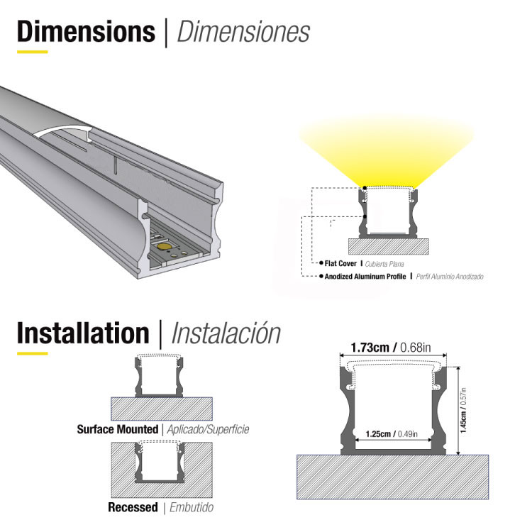 Perfil de Aluminio Tipo U, Anodizado, Difusor Opal Blanco, 17x14,5mm, 2m