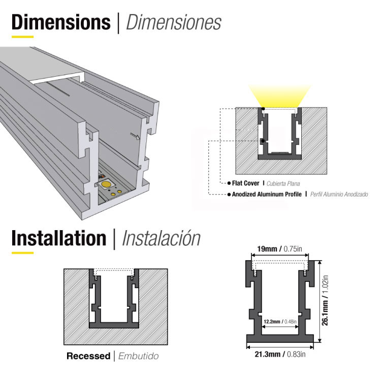 Perfil de Aluminio de Piso 26x21mm Anodizado, Cover Opal Blanco Plano x1m