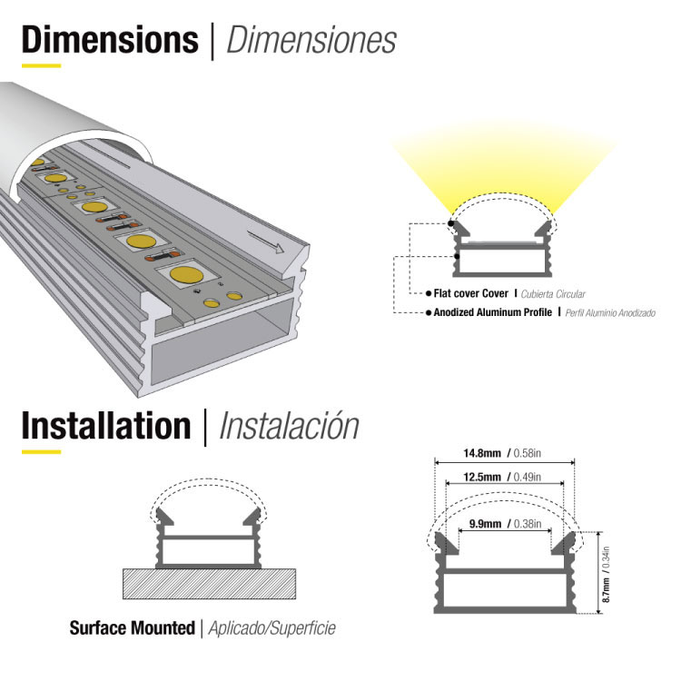 Perfil de Aluminio Linear 15x9mm Anodizado, Cover Opal Blanco Curvo x1m