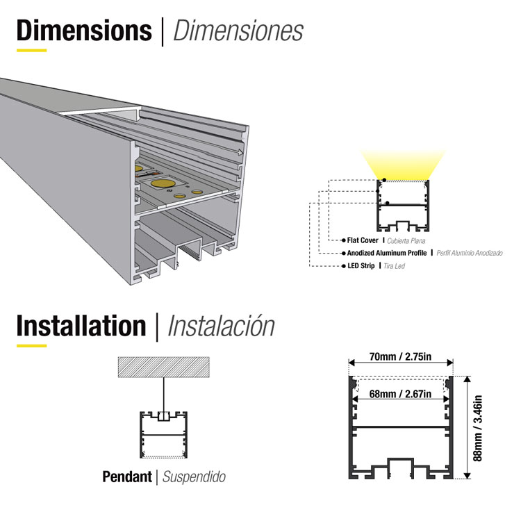 Perfil de Aluminio Linear Duo 88x68mm Anodizado, Cover Opal Blanco x1m