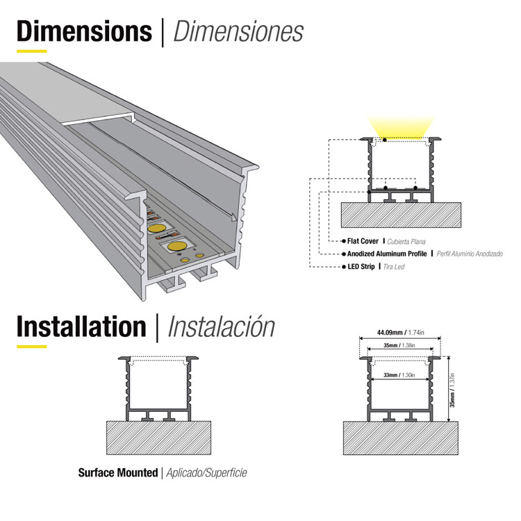 Perfil de Aluminio Linear 35x35mm Anodizado, Cover Opal Blanco x1m