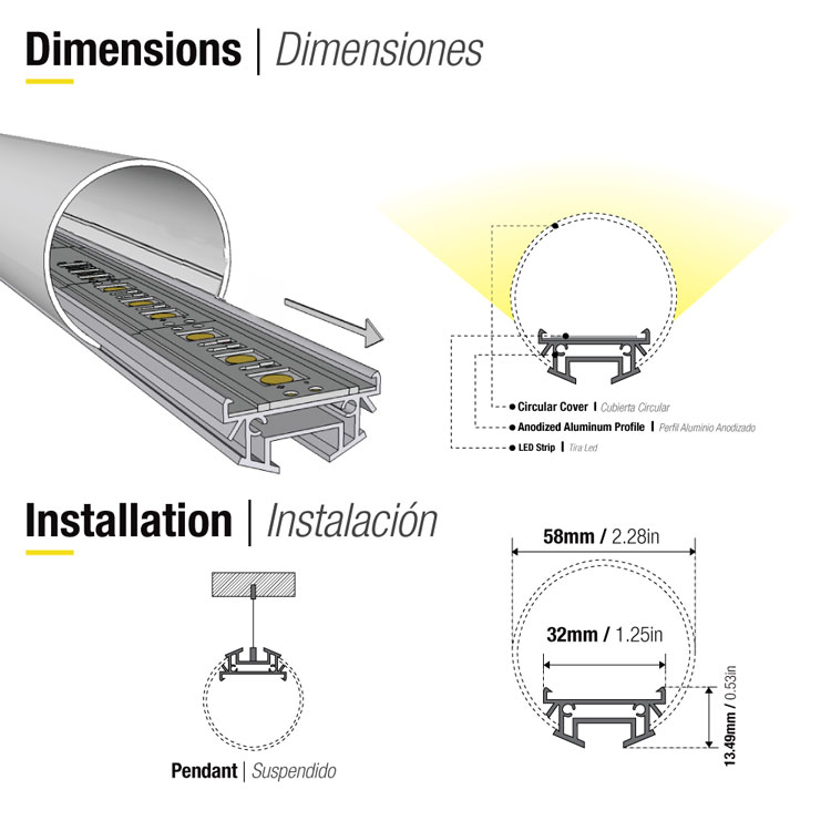 Perfil de Aluminio Tube 60mm Anodizado, Cover Opal Blanco Redondo x1m