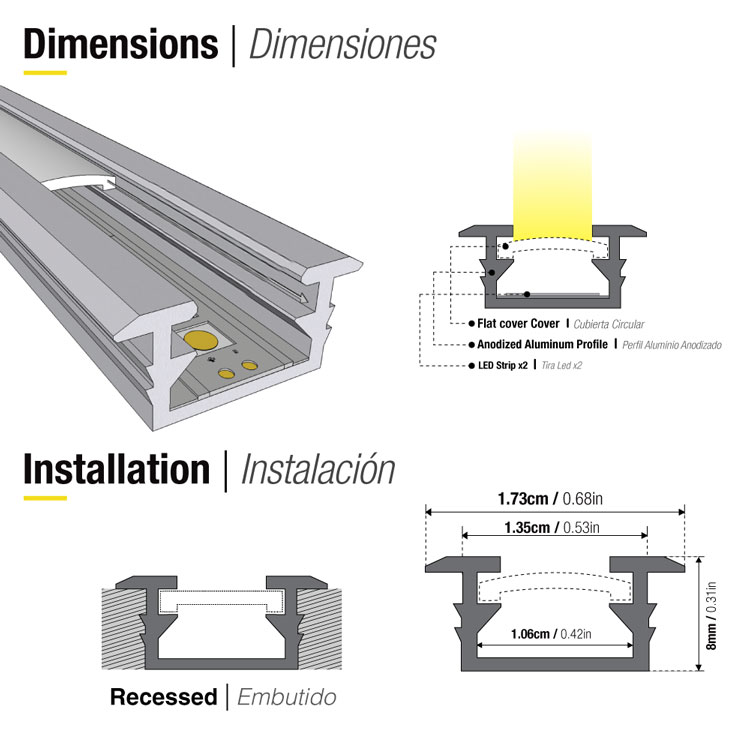 Perfil de Aluminio de Embutir 13,5x8mm Anodizado, Cover Opal Blanco x1m