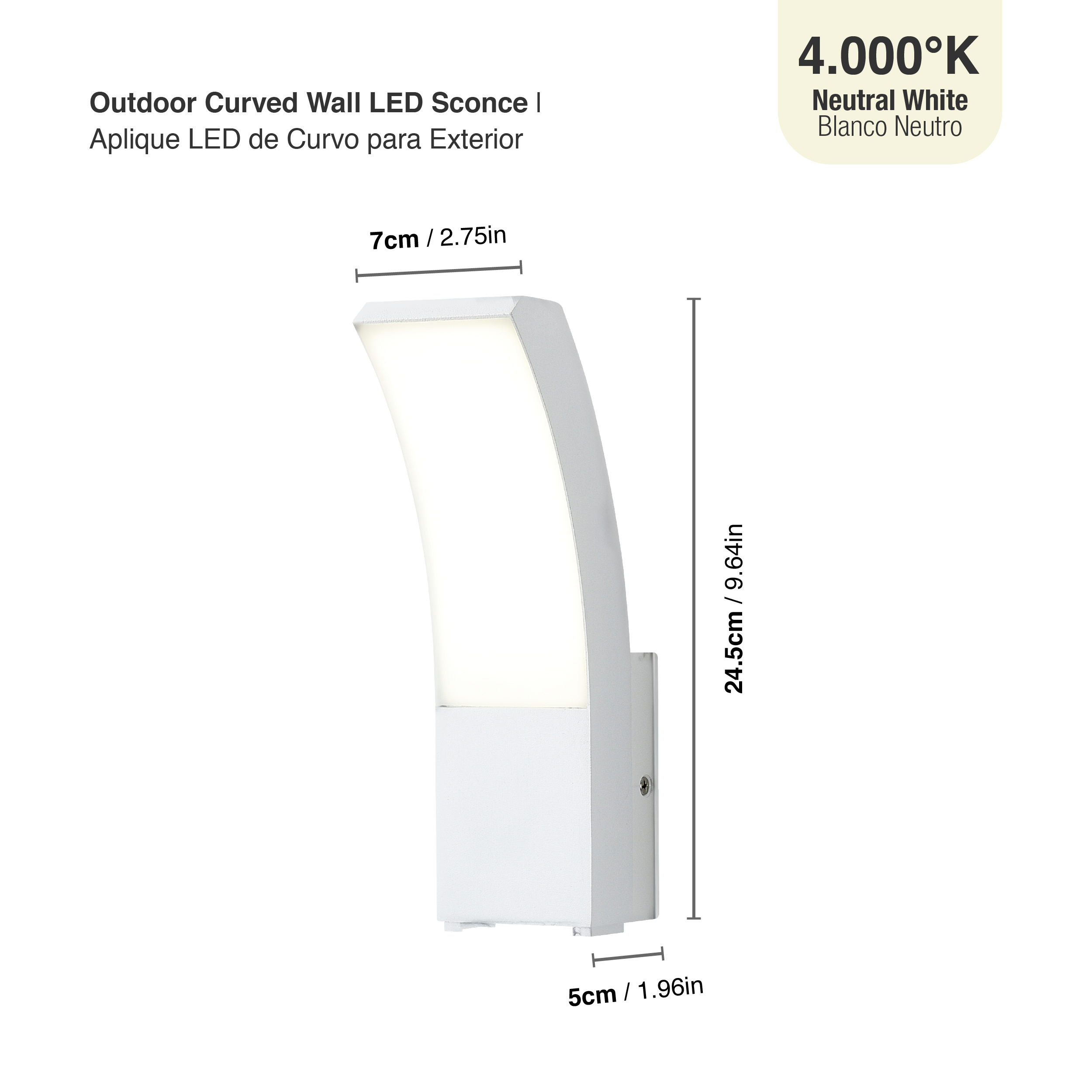 Aplique LED Exterior de Pared Curvo 12W IP65 Blanco 24×16cm 220V Blanco Neutro