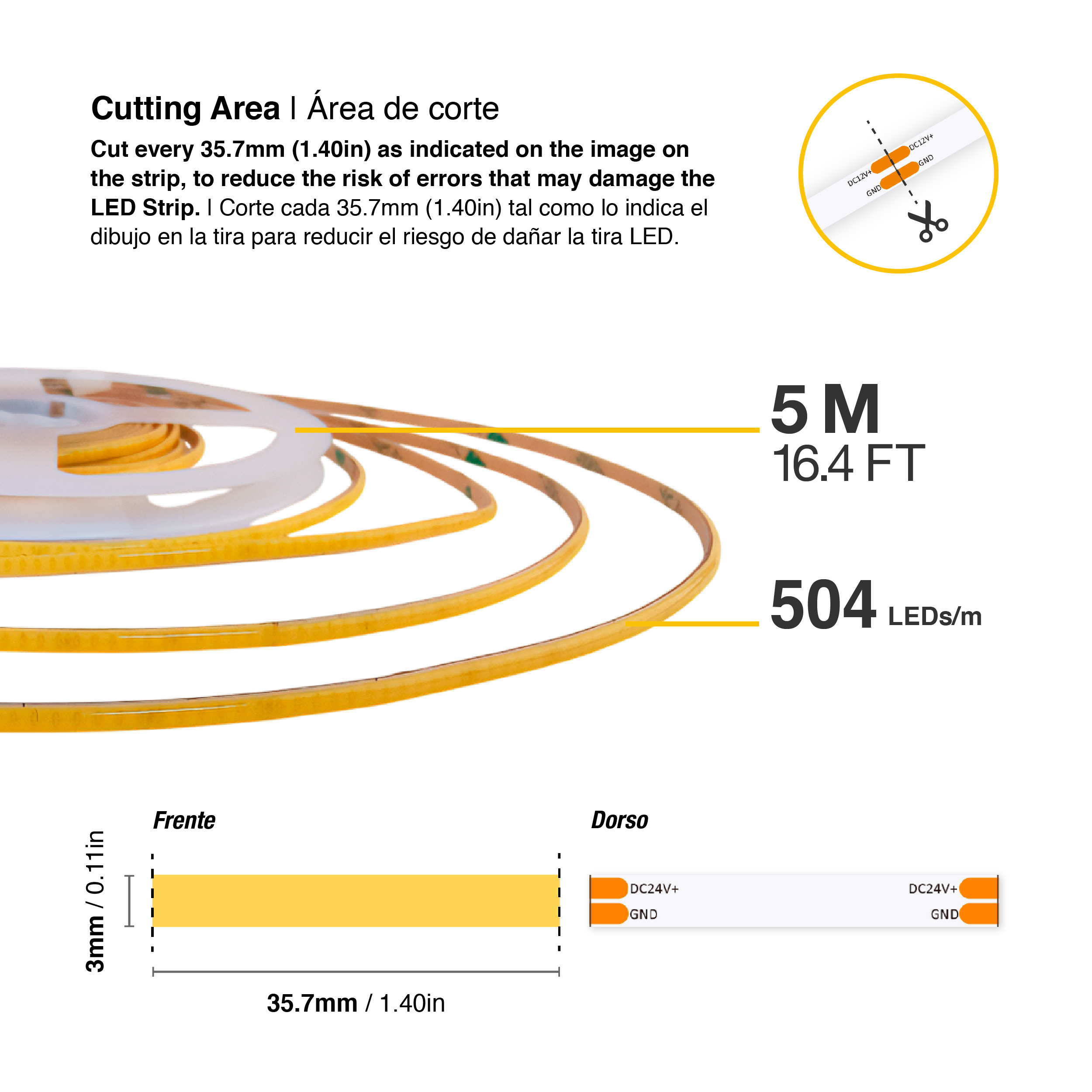 Tira LED COB 24V 4W/m Blanco Cálido 360lm/m 504LEDs/m, 3mm PCB IP33 x 5m