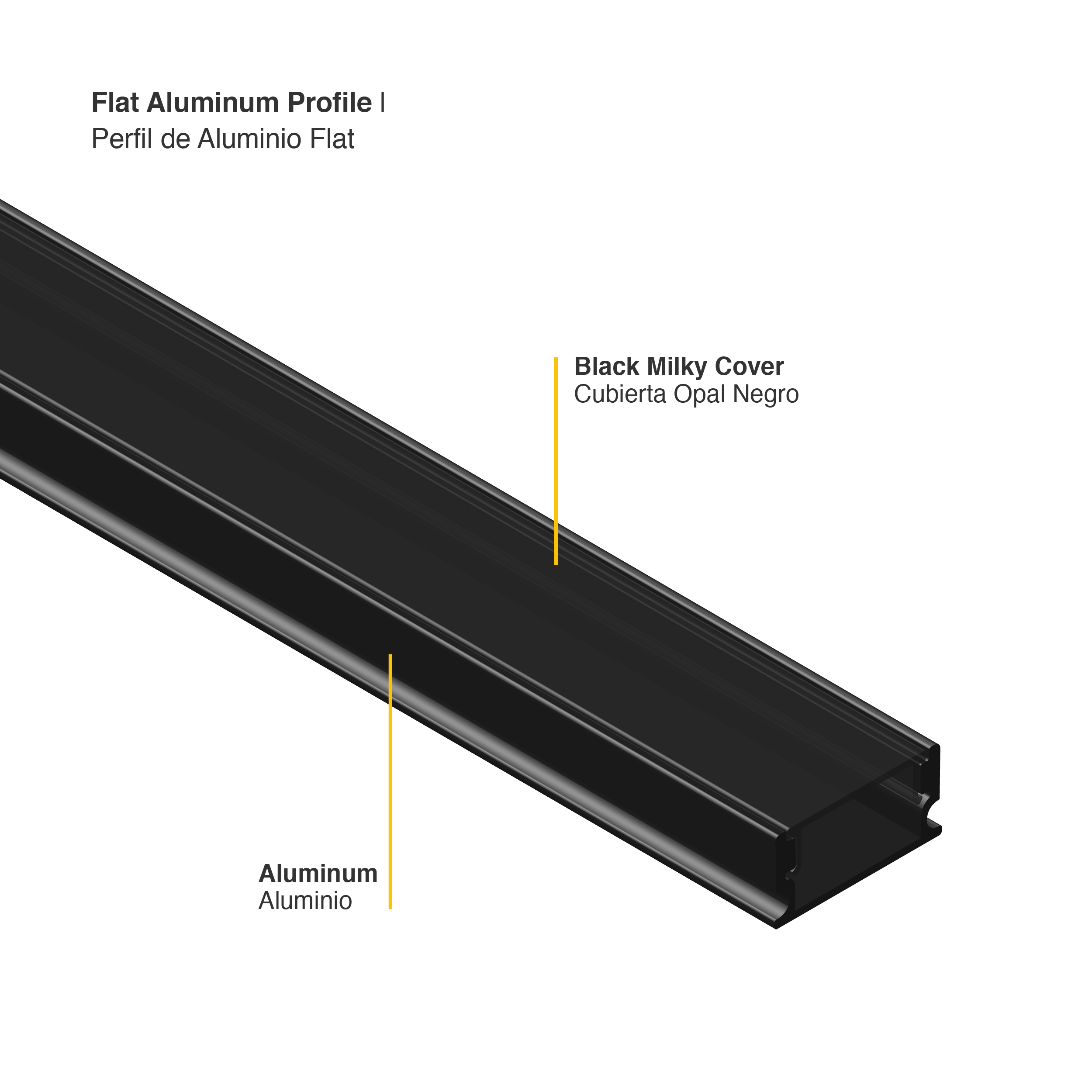 Perfil de Aluminio Flat 16,8x6,6mm Negro, Cover Opal Negro x1m