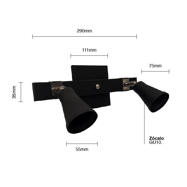 Aplique DUBLÍN II Móvil Negro para 2 Dicroicas GU10 45X440mm