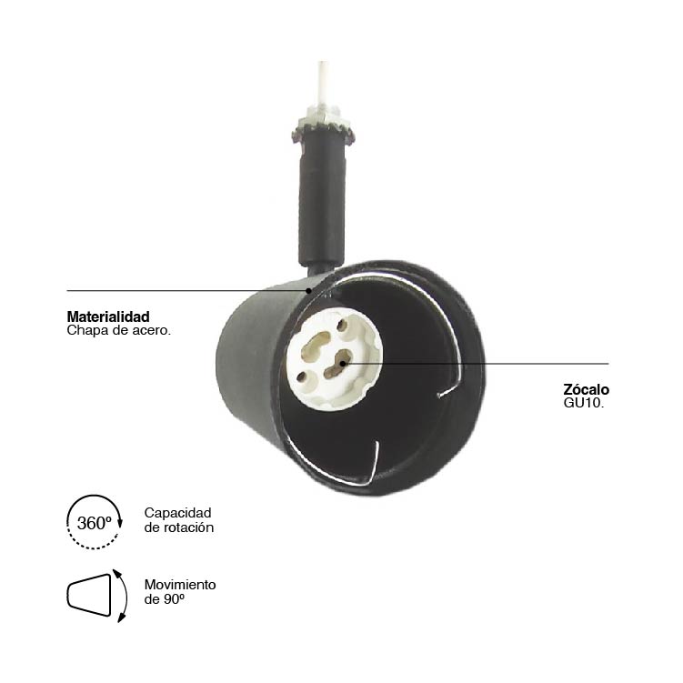 Cabezal Móvil Negro para Lámpara LED GU10 5,5x7cm