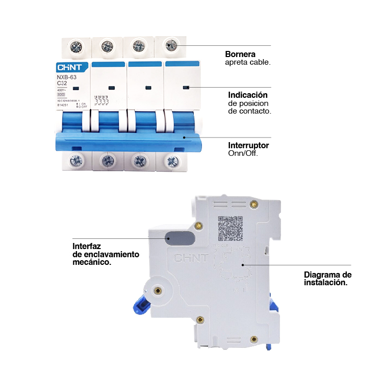 Interruptor Termomagnético TETRAPOLAR, ≤63A - 6kA 4x32A 240V, Curva C