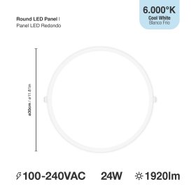Panel LED Redondo Blanco de 30cm, 24W 1920lm Frío, de empotrar